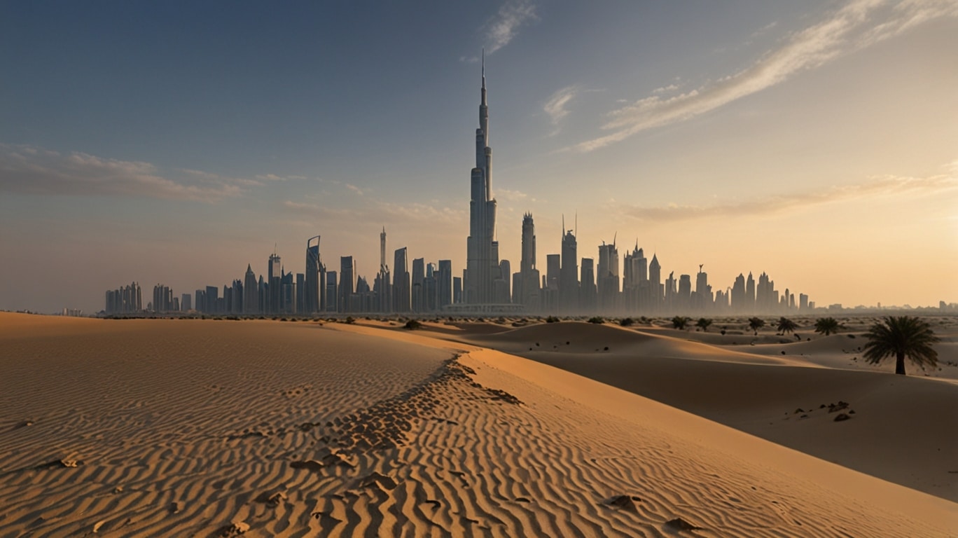 Skyline von Dubai mit dem Burj Khalifa im Hintergrund, Sanddünen und Palmen im Vordergrund bei Sonnenuntergang.